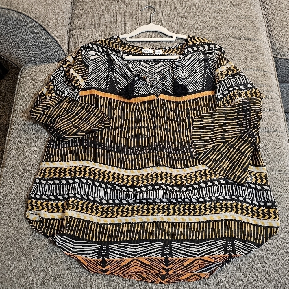 Cato's Black Yellow White Abstract Patterned Boho Sheer Office Popover Top XL